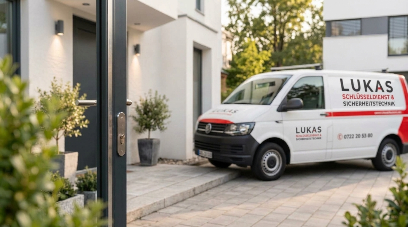 Lukas Sicherheitstechnik – Hauseingang und Einsatzfahrzeug vor Ort